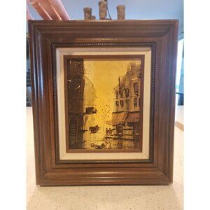 Vintage Painting Art Wall Hanging Wooden Frame asian Cityscape 16x14"